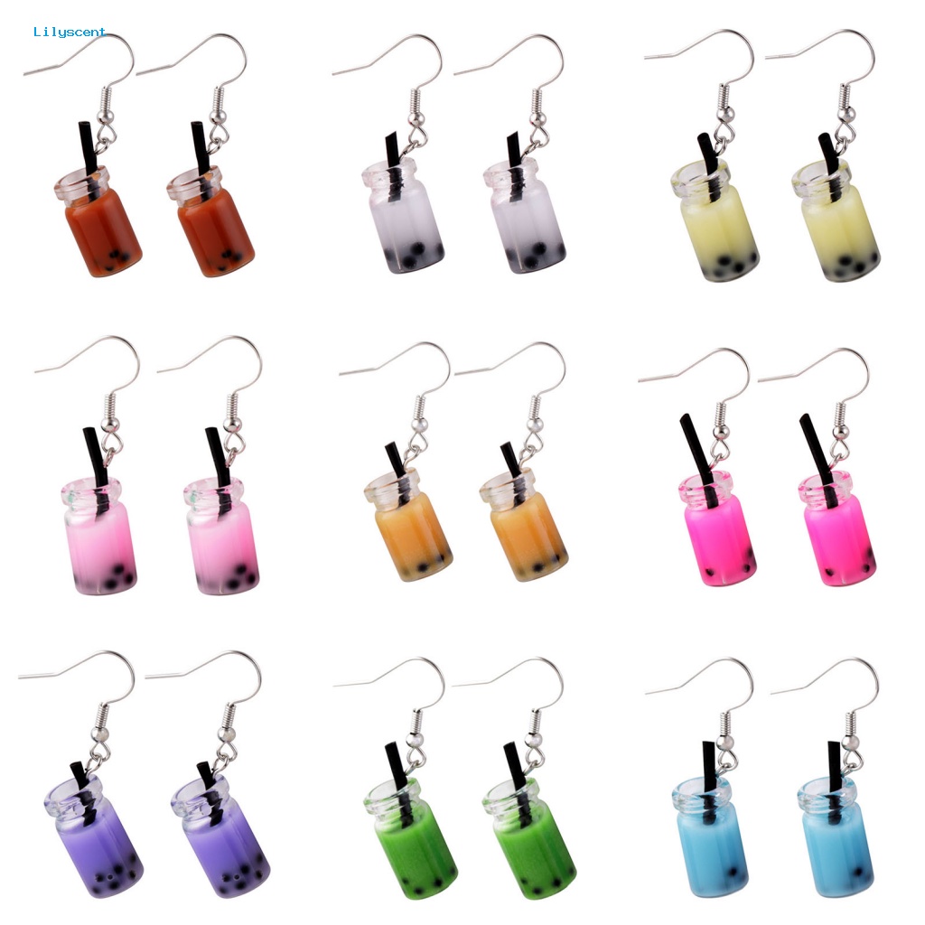 Lilyscent 1pasang Anting Drop Aman Perhiasan Fashion Multi-Warna Teh Susu Wanita Menjuntai Anting Lucu