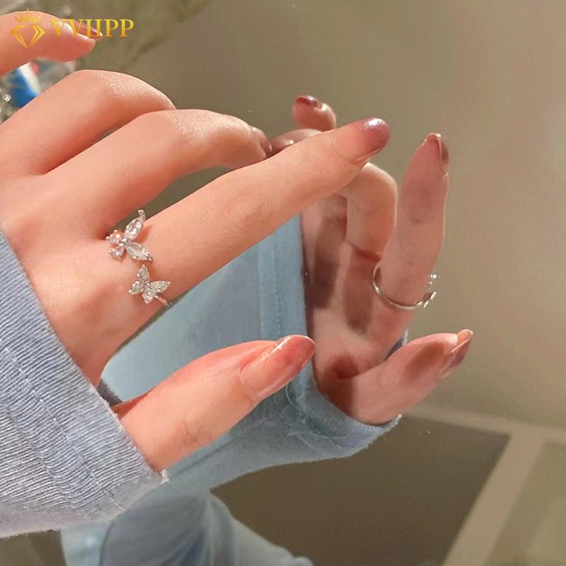 Butterfly Cincin Perak Untuk Wanita Bukaan Zirkon Kristal Rings Aksesoris Perhiasan