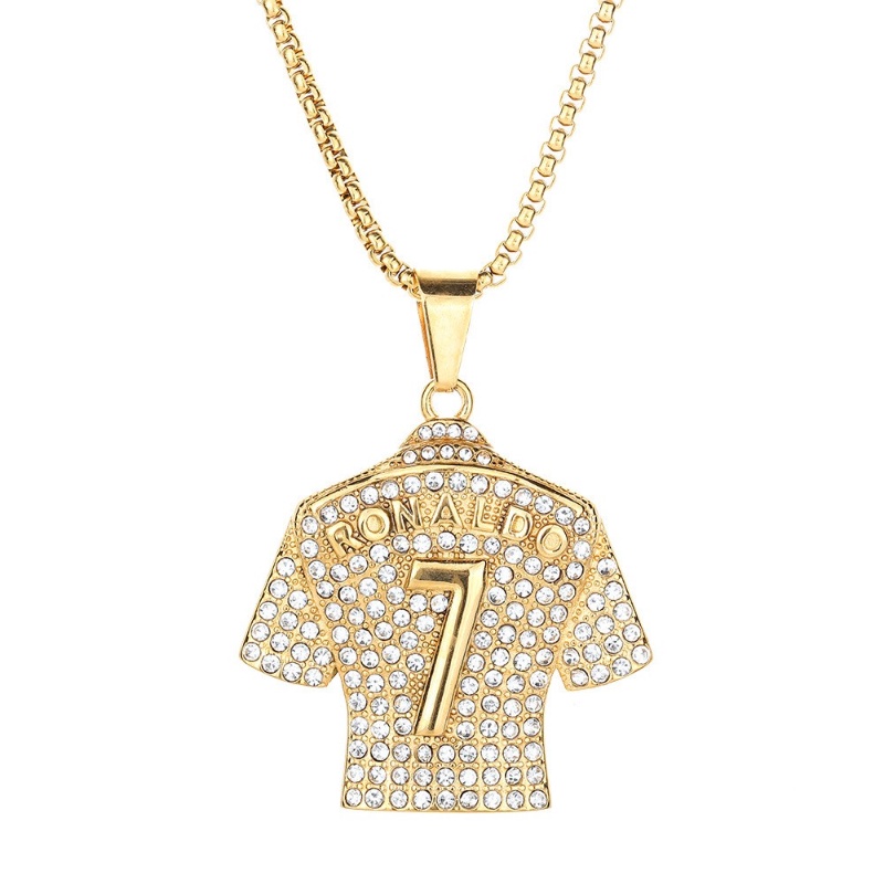 [Z H Perhiasan] Vintage Emas 18K Piala Dunia No. 7jersey Liontin Fashion Pria Anti Karat Berlian Kalung Liontin Hip Hop Pesta Baja Titanium Perhiasan Aksesoris Grosir