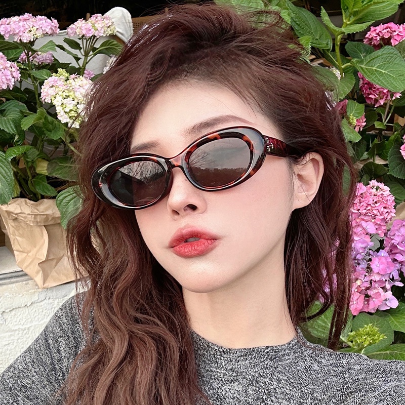 (YUZHU) Kacamata Hitam Bingkai Oval Tiga Bintang Fashion Korea INS Gaya Hot Girls Anti UV Sunglasses Untuk Wanita