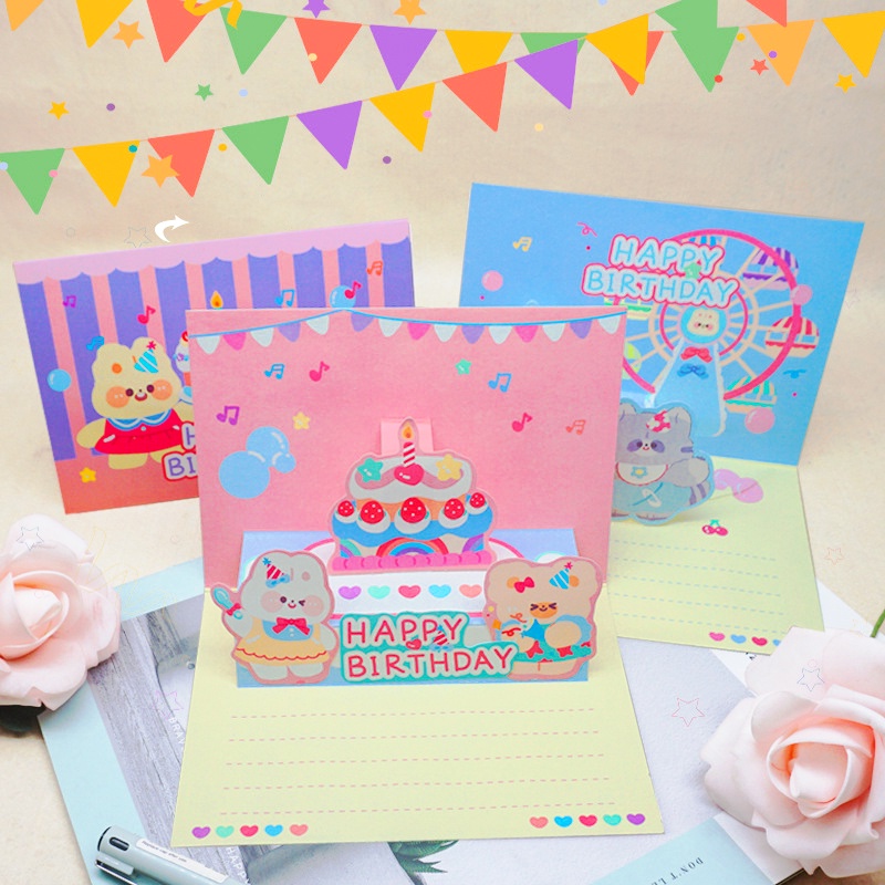 Kreatif 3D Pop-up Happy Birthday Gift Card Anak Kartu Ucapan Ulang Tahun Kartun Yang Indah