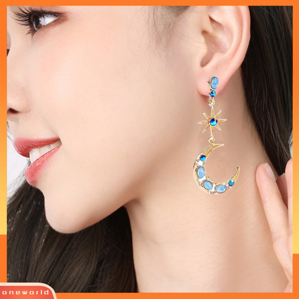 [EONE] 1pasang Wanita Drop Earrings Artificial Gemstone Inlay Asimetris Berlian Imitasi Mengkilap Anting Bulan Bintang Pakaian Sehari-Hari