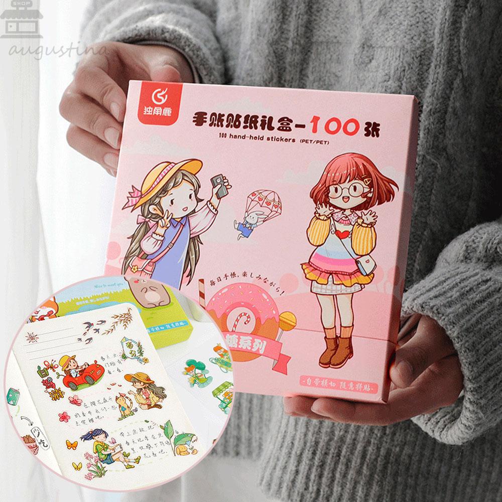 Agustina Stiker PET Lucu Set Kawaii 100lembar Karakter Kartun DIY Scrapbooking Packing Dekorasi Minuman Makanan Hewan Perempuan Pola Paper Decals