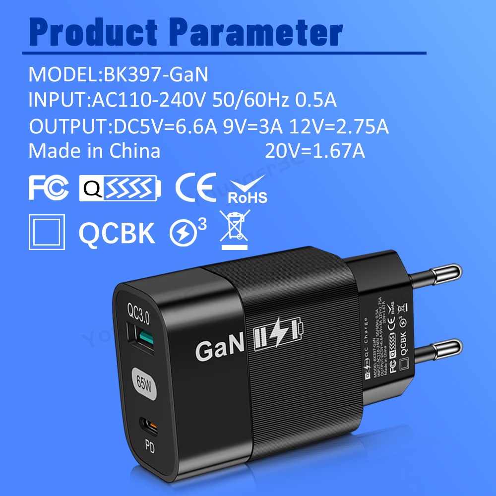 65w GaN PD Fast Charging Charger Handphone QC3.0+PD Gallium Nitride Power Adapter Untuk ios Micro Tipe C