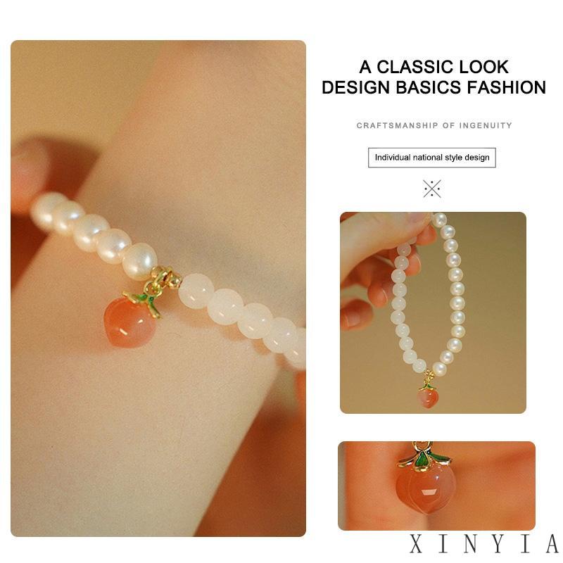 【Bayar di tempat】Kepribadian Sederhana Desain Lembut Mutiara Splicing Peach Gelang Batu Akik Dua Lapis Gelang