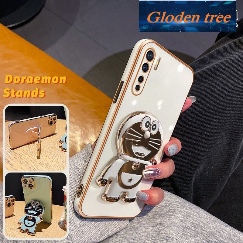 Gloden tree Casing Untuk OPPO A91 Reno 34g F15 Reno 3pro 5G Case Fashion Kartun Doraemon Stand Lipat Casing Ponsel Electroplating Shockproof Phone Holder Case