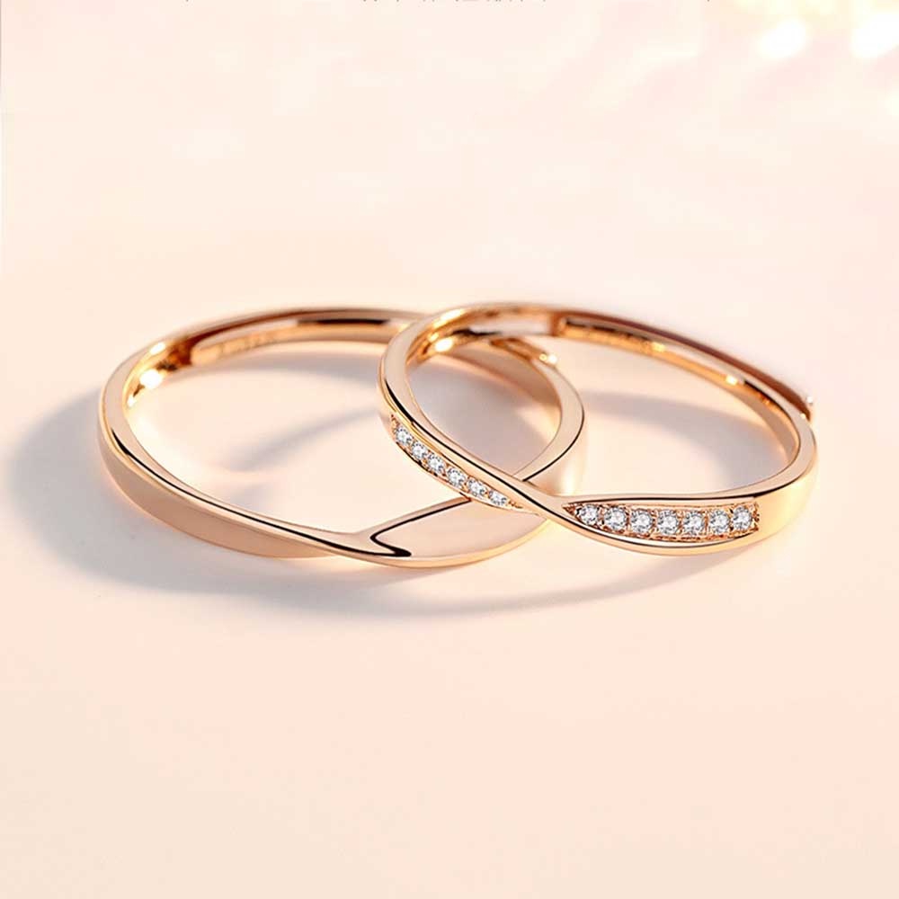 Mobius Band Berlian Kristal Perak Rose Gold Baja Titanium Pasangan Pria Wanita Fashion Perhiasan Pernikahan Pertunangan Rings Adjustable Size