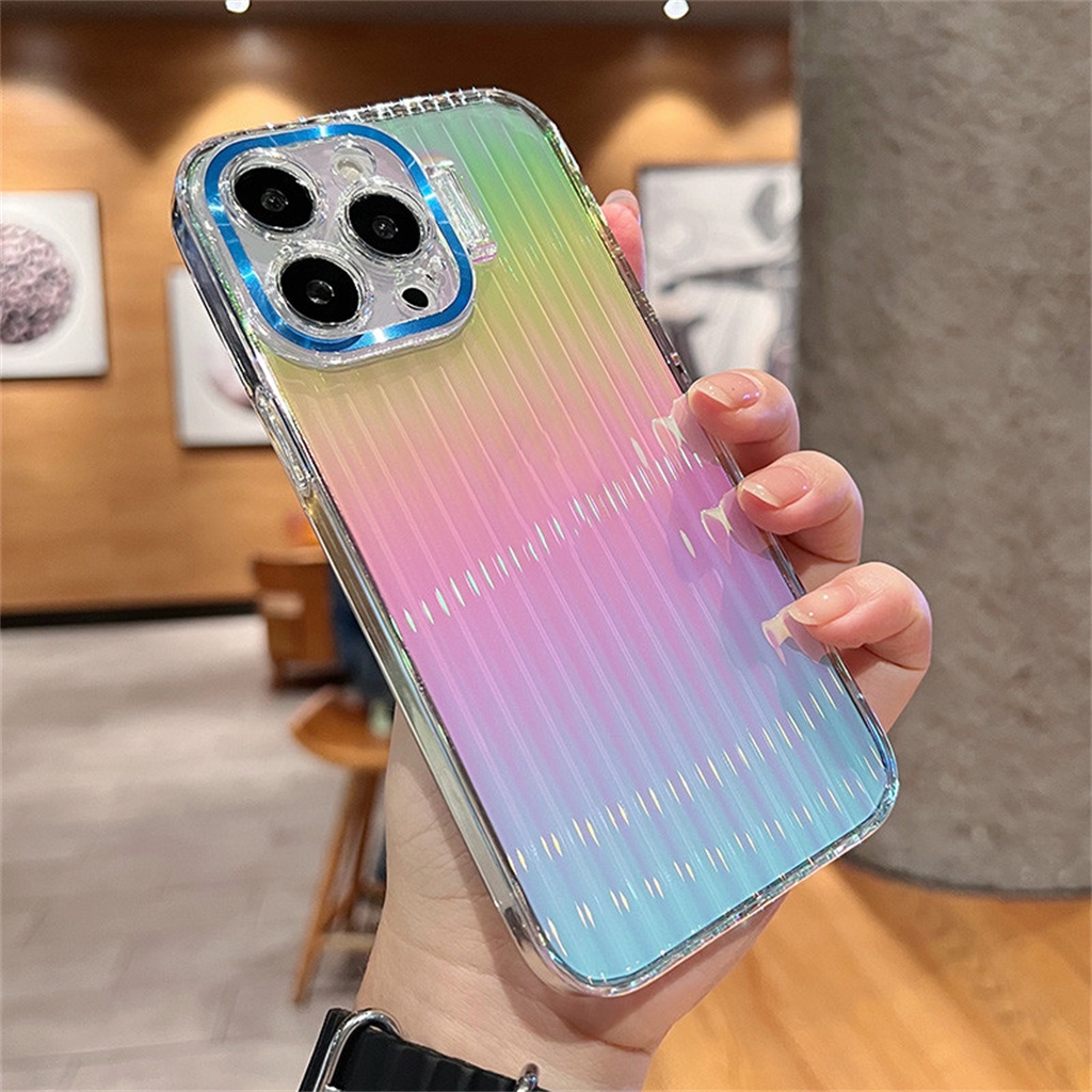 Casing Holder Lensa Perlindungan Kamera Lipat iphone 14 pro max plus case iphone 12 13 pro max Mewah Bening Laser Perlindungan Shockproof Hard back cover