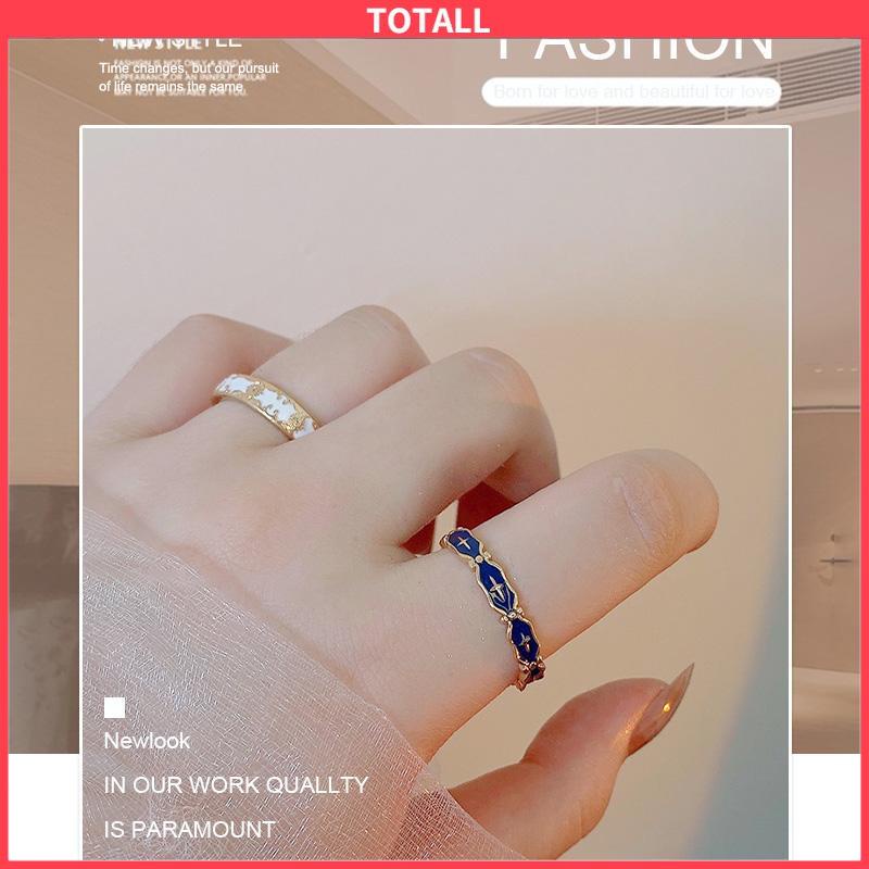 COD Cincin Wanita Gold Gaya Korea disesuaikan Glasir Biru Salib Pola Enamel Untuk Unisex-Totall