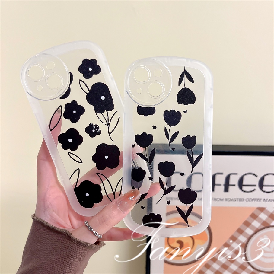 Compatible For iPhone 14 13 12 11 Pro Max X XR Xs Max 8 7 6 6s Plus SE 2020 Kompatibel Untuk Ins Bunga Hitam Casing Ponsel Lembut TPU Cover