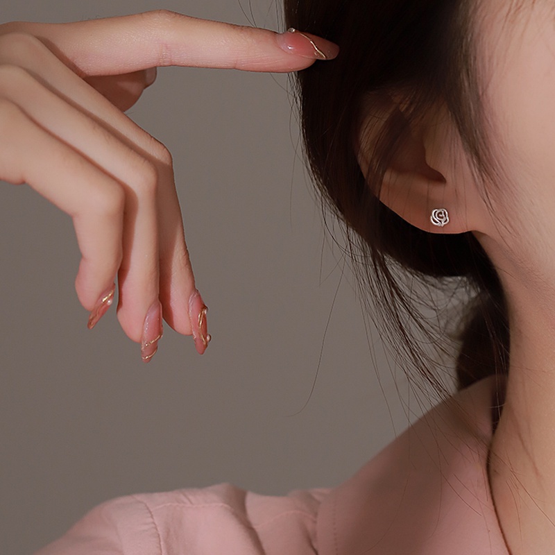 Papaozhu Korea Trendi S925 Perak Rose Stud Anting Untuk Wanita Perempuan Elegan Berongga Bunga Anti Alergi Anting-Anting Temperamen Telinga Aksesoris