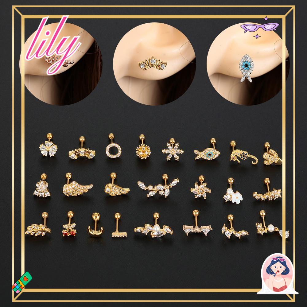 Lily 1PC Anting Tindik Chic Bulan Bintang Bunga Sekrup Belakang Hippocampus Kaktus Sayap Helix Ear Stud