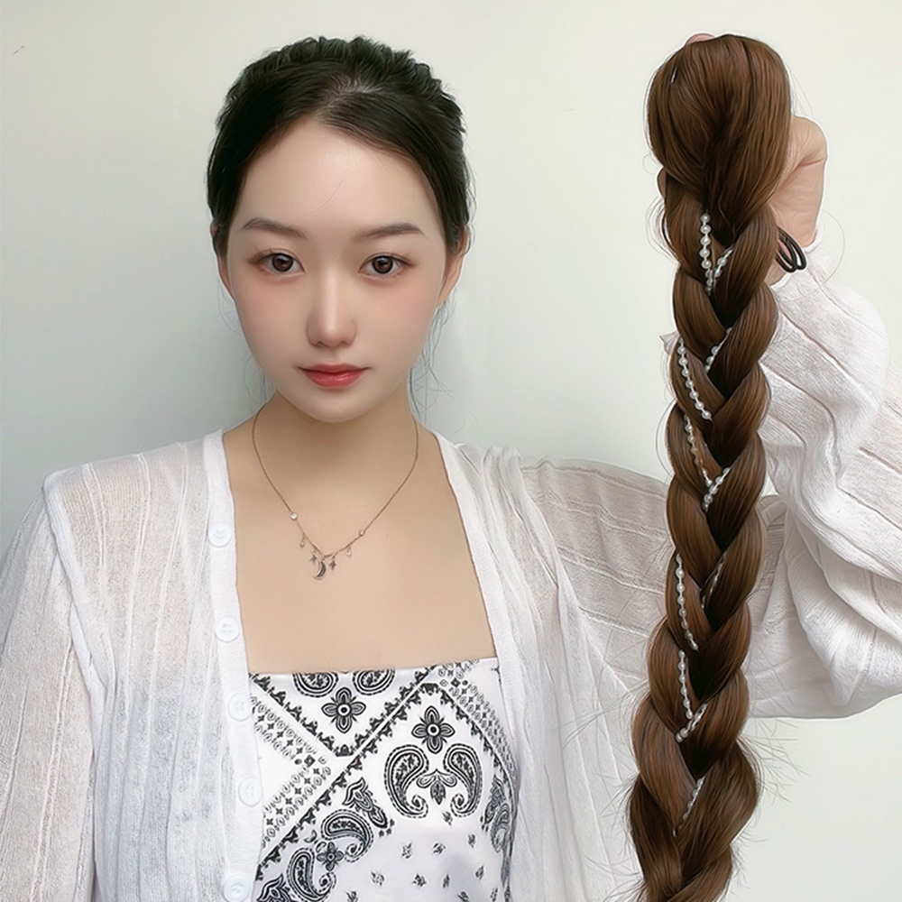 Gelembung Alami Tinju Ponytail Mutiara Kepang Wig Gadis Pedas Tulang Ikan Twist Rambut Ekstensi 50CM