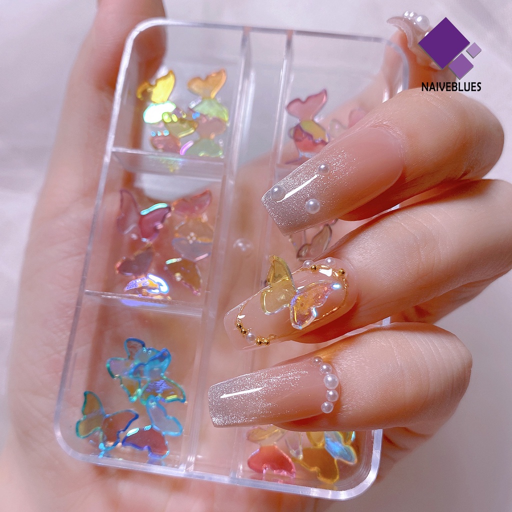 [naiveblues] 24pcs/set Ornamen Kuku Tempel Tahan Jatuh Mudah Dilepas Tidak Luntur Butterfly Nail Charms Salon Kuku