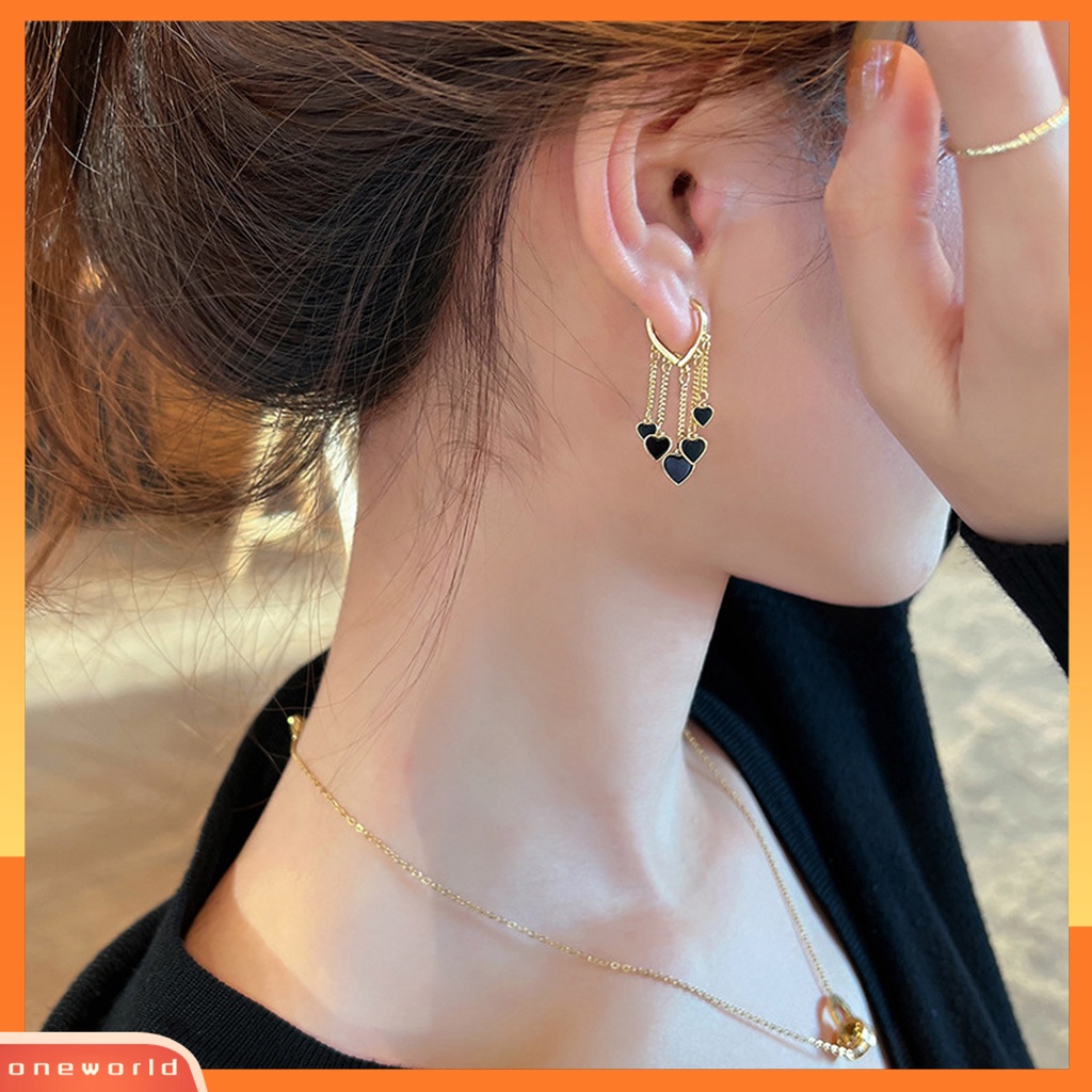 [EONE] 1pasang Anting Menjuntai Gaya Korea Temperamen Elegan Paduan Hati Hitam Wanita Drop Earrings Fashion Perhiasan