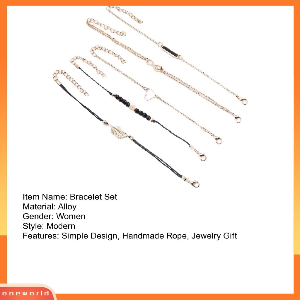 [EONE] 5pcs/set Gelang Rantai Beberapa Lapisan Handmade Tali Kombinasi Fashion Boho Geometris Daun Manik-Manik Berlapis Tangan Rantai Perhiasan Aksesori