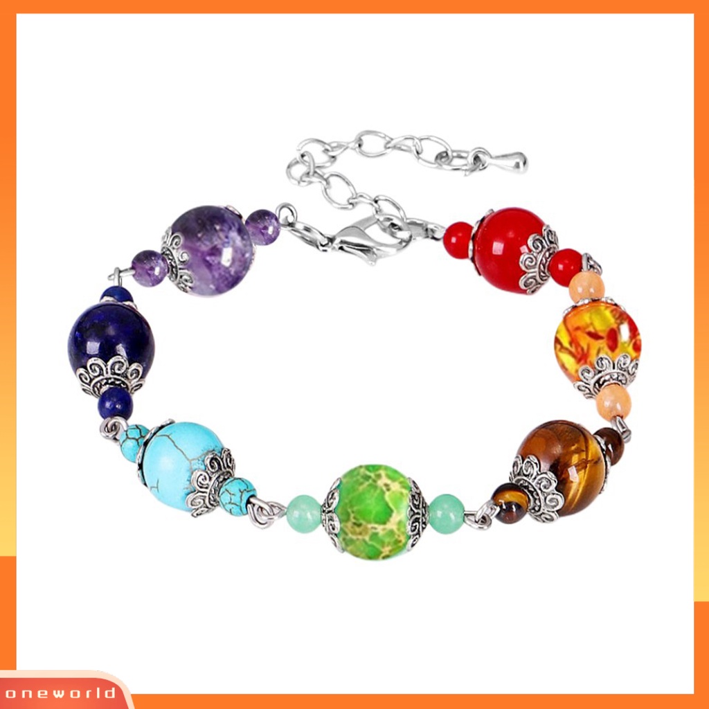 [EONE] Gelang Manik-Manik 7 Chakra Warna-Warni Manik-Manik Adjustable Hias Doa Keseimbangan Buatan Tangan Wanita Alami Batu Imitasi Penyembuhan Bangle Perhiasan Hadiah