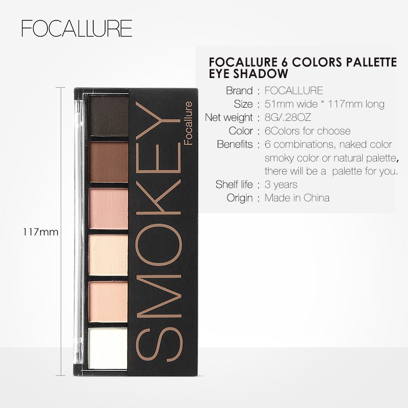 ★ BB ★ FOCALLURE 6 Colors Glamorous Smokey Eyeshadow Palette - Nude - Smokey Eyeshadow Palette - FA 06