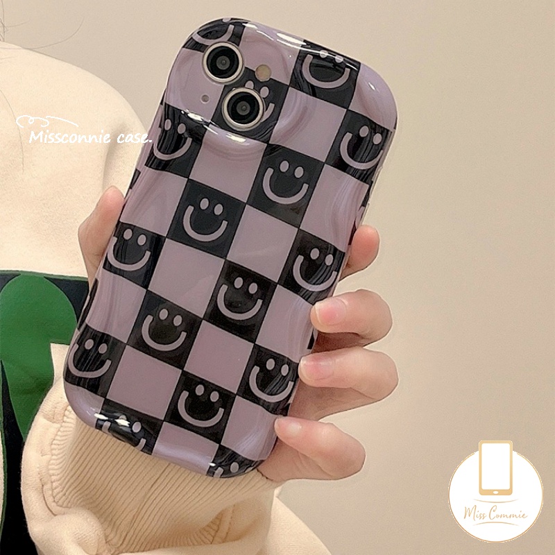 IPHONE Case Smiley Kartun Kotak-Kotak Kompatibel Untuk Iphone11 14 12 13 Pro Max 7Plus 8Plus XR X7 8 6s 6 Plus XS Max SE 2020 Senyum Lucu 3D Wavy Curved Edge Shockproof Glossy Soft Cover