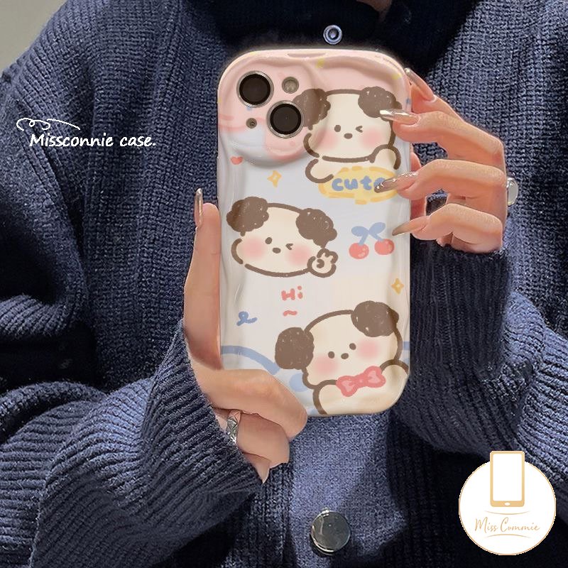 Casing Ponsel Kartun Anjing Lucu 3D Wavy Curved Edge Kompatibel Untuk iPhone 7Plus 8Plus XR 11 14 12 13 Pro Max X 7 8 6s 6 Plus XS Max SE 2020 Shockproof Glossy Soft Cover
