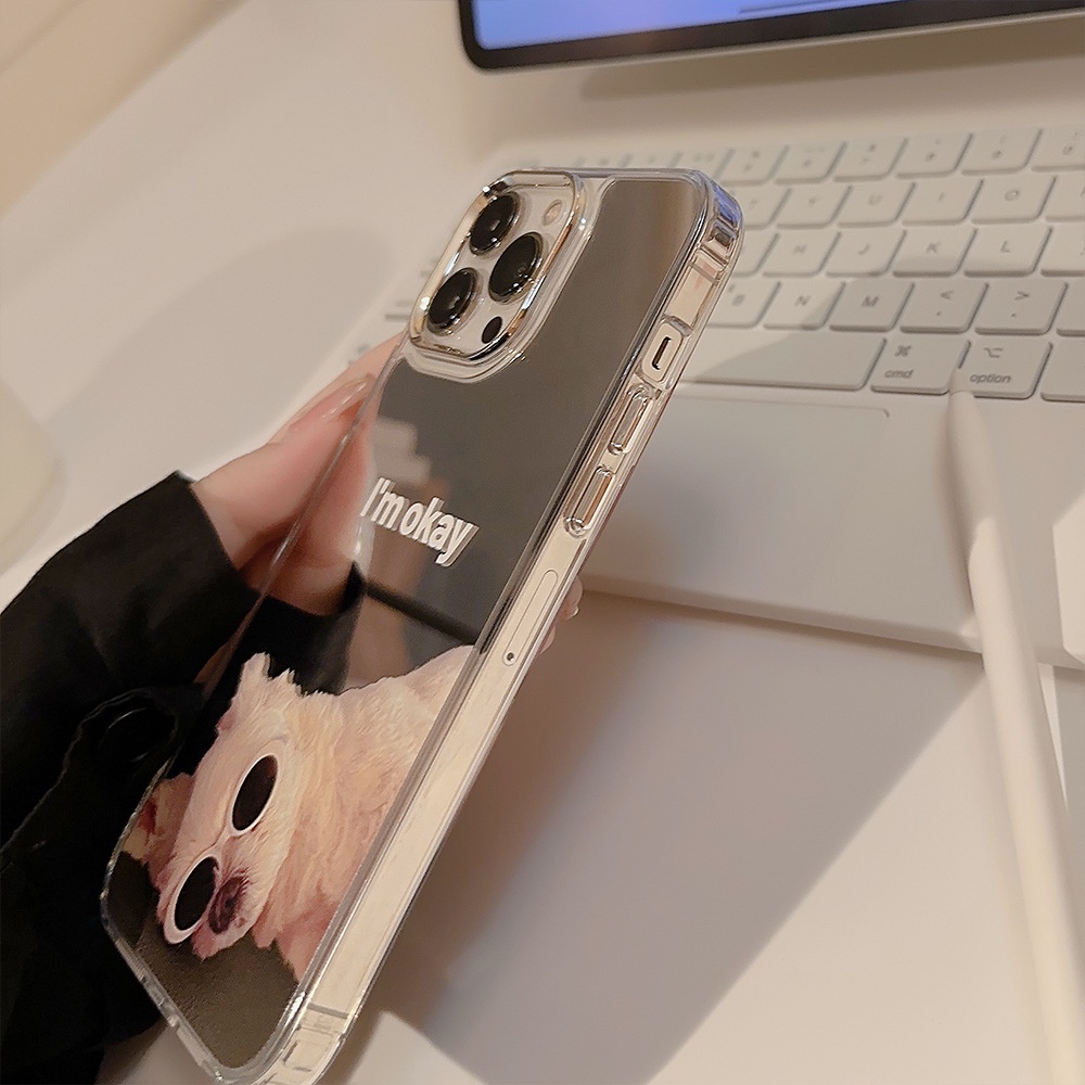 IPHONE I AM OKAY Lazy Laying Puppy Dog Dengan Kacamata Hitam Telepon Musim Panas Mirror Case Electroplated Camera Frame Cover Untuk Iphone11 12 13 14 PLUS PRO MAX