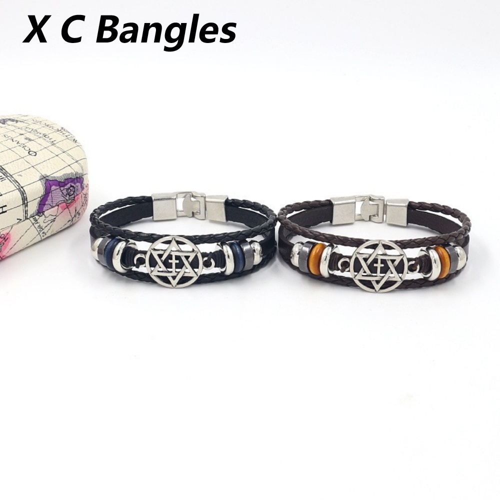 [X C Gelang] Baru Serbaguna Berongga Keluar Enam Titik Bintang Gelang Kulit Hitam Vintage Hip Hop Punk Gelang Kulit Lengan Manik-Manik Multi Layer Zinc Alloy Anyaman Gelang