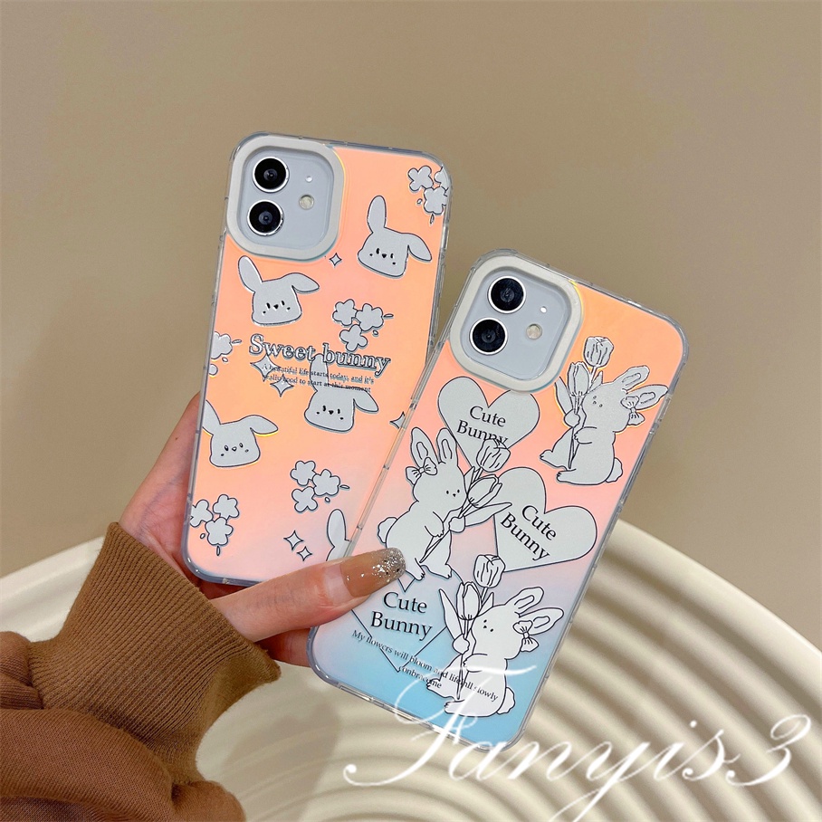 Compatible For IPhone 14 13 12 11 Pro Max X XR Xs Max 8 7 Plus SE 2020 Kompatibel Untuk Cute Sweet Little Rabbit Bunny IMD Laser Gradient Phone Case TPU Lembut Shockproof Cover Pelindung