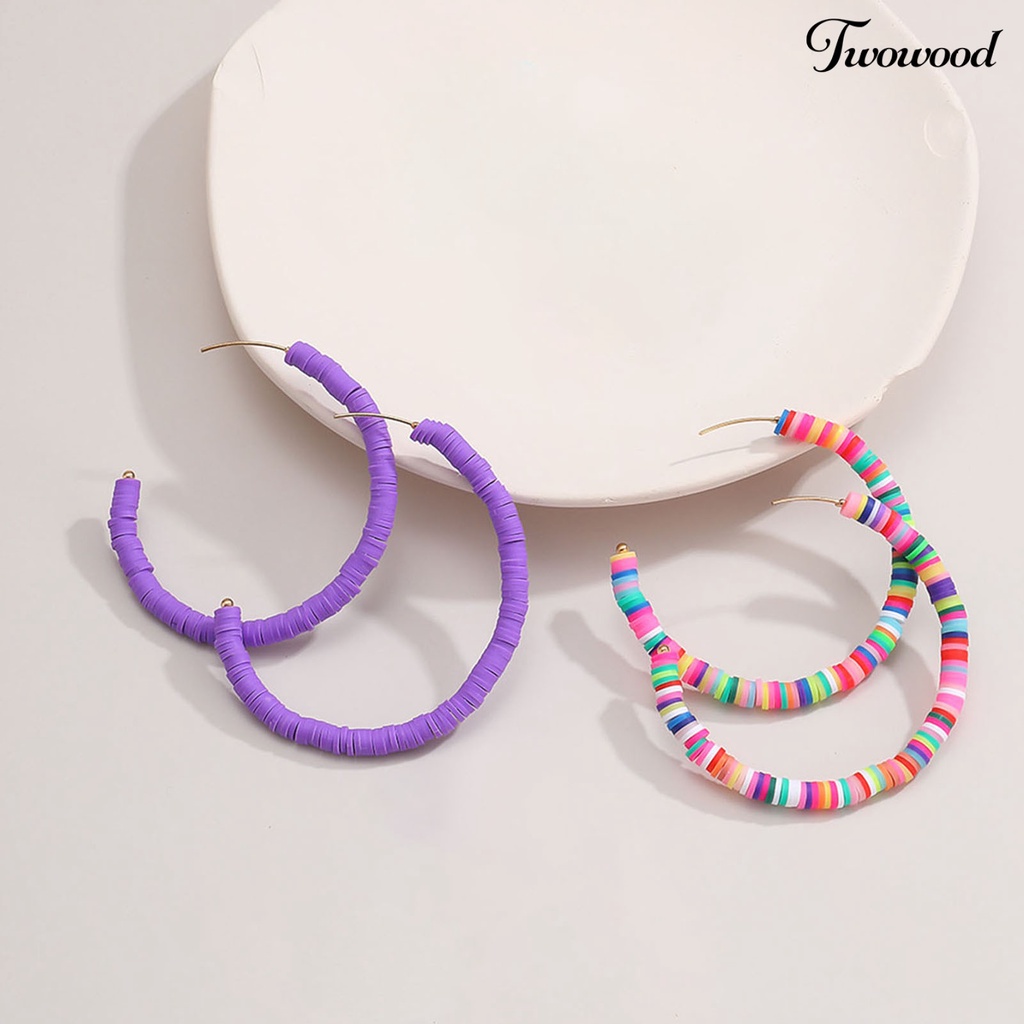 Twowood 1pasang All-match Wanita Warna Pelangi Polymer Clay Bohemian Hoop Stud Earring Untuk Outdoor