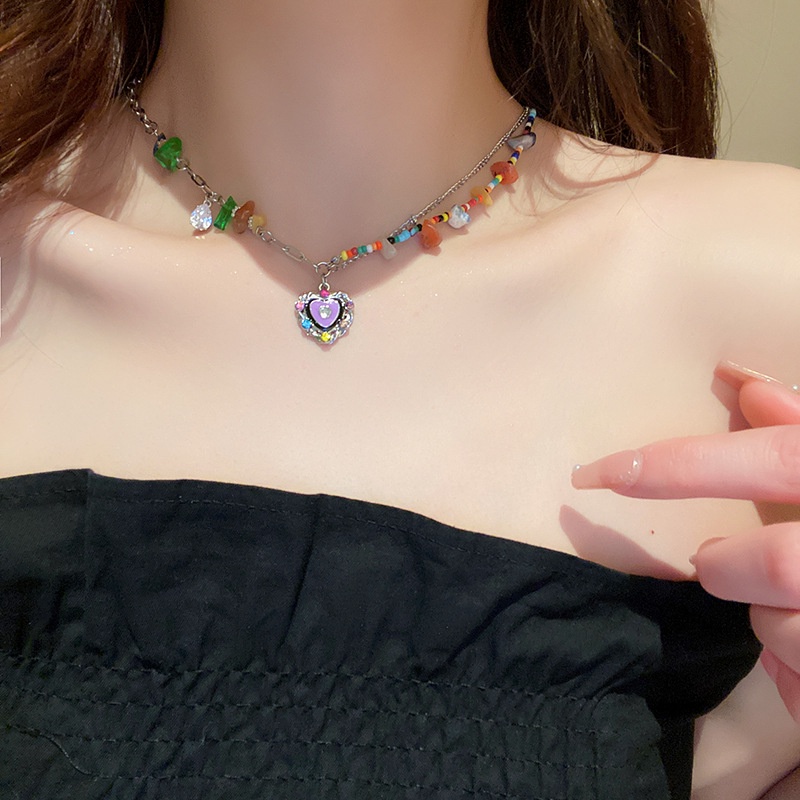 Yeezii Colorful Stone Bead Splicing Kalung Untuk Wanita Minyak Drip Jantung Perak Liontin Rantai Choker Perhiasan Aksesoris