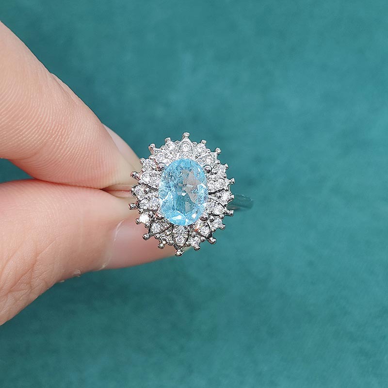 Goldkingdom Aksesoris Perhiasan Fashion Ready Stock Natural Sky Blue Topaz Ring Cincin Warna-Warni Perempuan