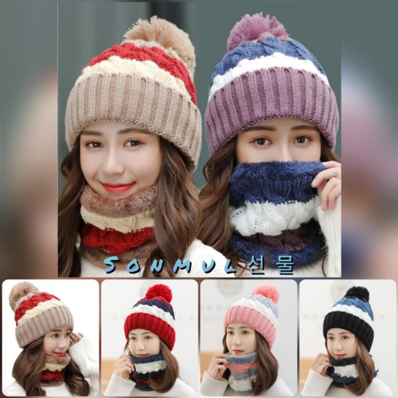 WOMAN WINTER KNIT BEANIE POMPOM STRIPES + SCARF / TOPI RAJUT BULU + SYAL WANITA MUSIM DINGIN