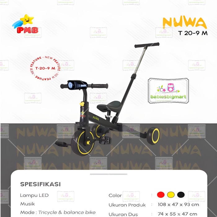 Sepeda Roda Tiga PMB 20 9M Balence Bike Tricycle Push 3IN1 Anak Musik Lampu Dorongan