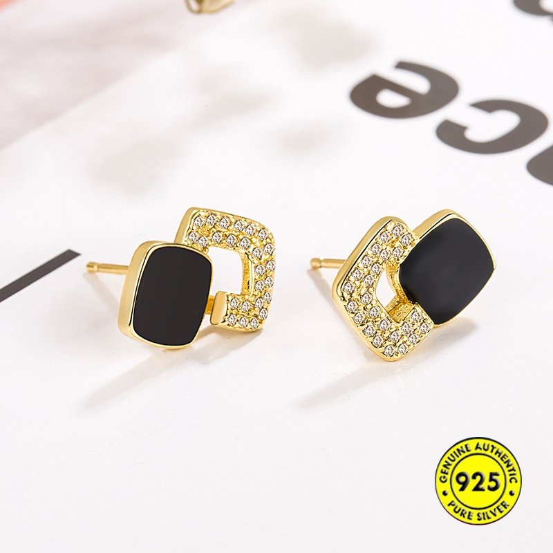 18k Emas Fashion Retro Berlian Hitam Anting Persegi Rasa Tinggi Anting Perak U1814