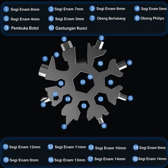 Kunci salju 18in1 multi tool gantungan kunci multifungsi pocket tool 18in1 snowflake tool