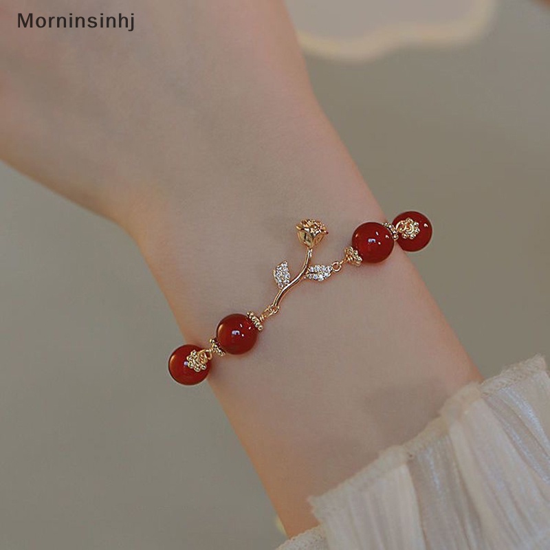 Mornin Golden Rose Natural Red Agate Round Beads Adjustable Gelang Wanita Ornamen Gaya Lembut Perhiasan Halus Hadiah id