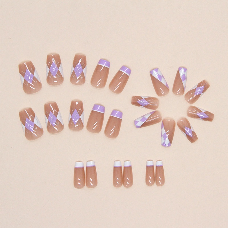 Purple Rhombus Motif Kotak-Kotak Gaya Perancis Kuku Palsu Square Fake Nails 24pcs/box R763