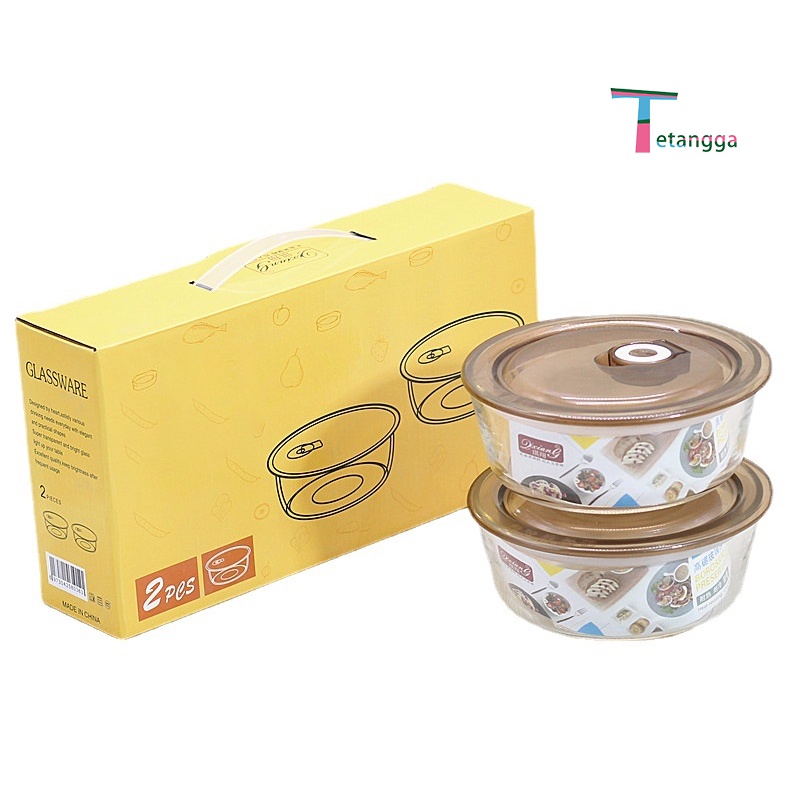 Set Mangkok Kaca Bowl Glass Kimglass  Crisper Kaca Kotak Makan Siang Tertutup Penutup / Paket kotak hadiah