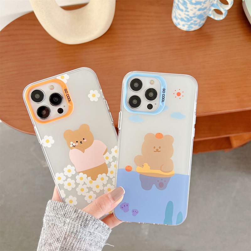 Lovely Swim Flower Bear Skin Feel Soft Case HP iP iPhone 12 13 14 Pro Max 11 Girl Woman FTD Casing Apple