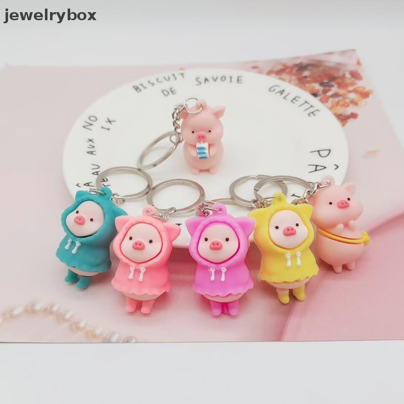 [jewelrybox] Kartun Lucu Jas Hujan Piggy Doll Gantungan Kunci Memegang Babi Susu Kunci Cincin Tas Liontin Butik