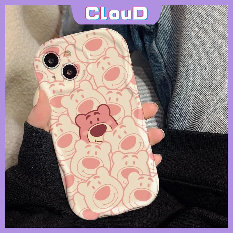 IPHONE Casing Manyo Kartun Tepi Melengkung Bergelombang 3D Kompatibel Untuk Iphone11 7Plus XR 12 13 14 Pro Max X7 8 6s 6 Plus XS Max SE 2020 Beruang Strawberry Lucu Shockproof Glossy Soft Cover