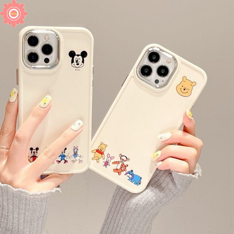 Caroon Cute Disney Mickey Minnie Mouse Winnie The Pooh Bear Case Kompatibel Untuk IPhone 7plus 14 11 12 13 Pro MAX X XR 7 8 Plus XS MAX 8plus Plating Metal Frame Lensa Soft Cover