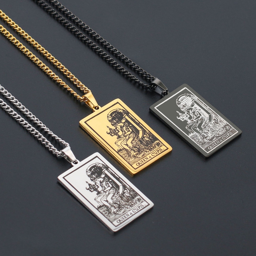 [X C Kalung] Emas &amp; Perak Baru Hip-hop Punk Retro Waite Holy Grail Tarot Queen ​​Kalung titanium Steel Liontin Anti Karat Untuk Pria Dan Wanita Hadiah Liburan Permata