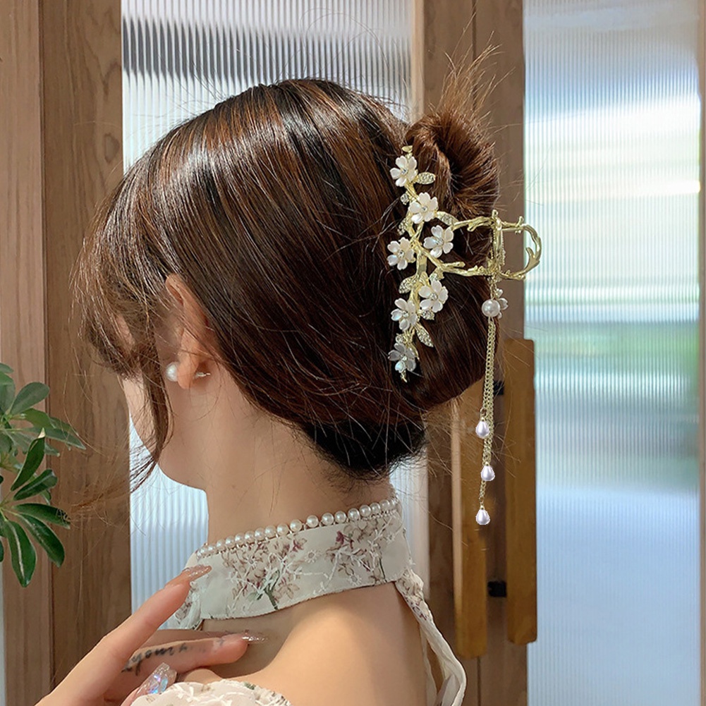 Korea Mutiara Bunga Cakar Klip Fashion Emas Besar Jepit Rambut Dengan Rumbai Indah Elegan Wanita Aksesoris Rambut