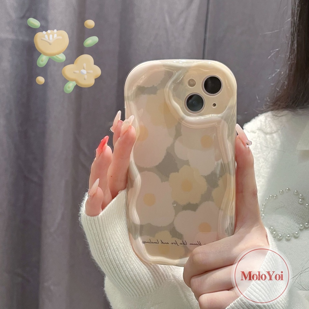 IPHONE 3d Wavy Curved Edge Shockproof Soft Glossy Back Case Kompatibel Untuk Iphone8-6 6s 7Plus XR XS X Max 7Plus 11 12 14 13 Pro Max SE 2020 Ins Spring Fresh Flower Cover