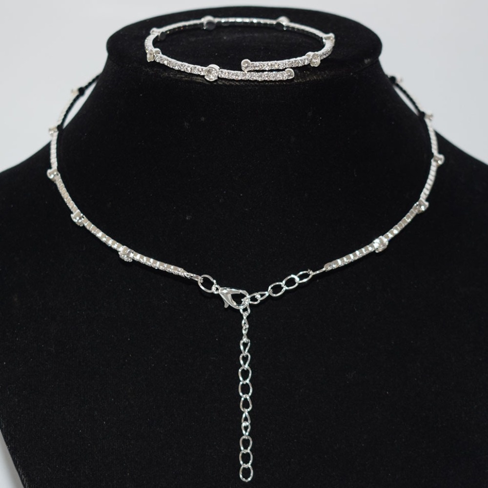 Minimalis 1 Drainase Berlian Zirkon Mutiara Kerah Gelang Telinga Stud Set Aksesoris Gaun Pengantin Wedding Collar Neckchain