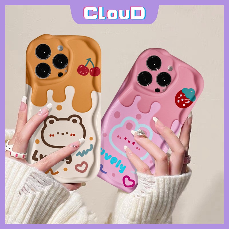 IPHONE Ice Cream Cute Bear Rabbit Case Kompatibel Untuk Iphone7 6s 6 8 Plus XR 11 14 12 13 Pro Max X XS Max 7Plus SE 2020 3D Wavy Curved Edge Glossy Cherry Pasangan Soft Tpu Cover