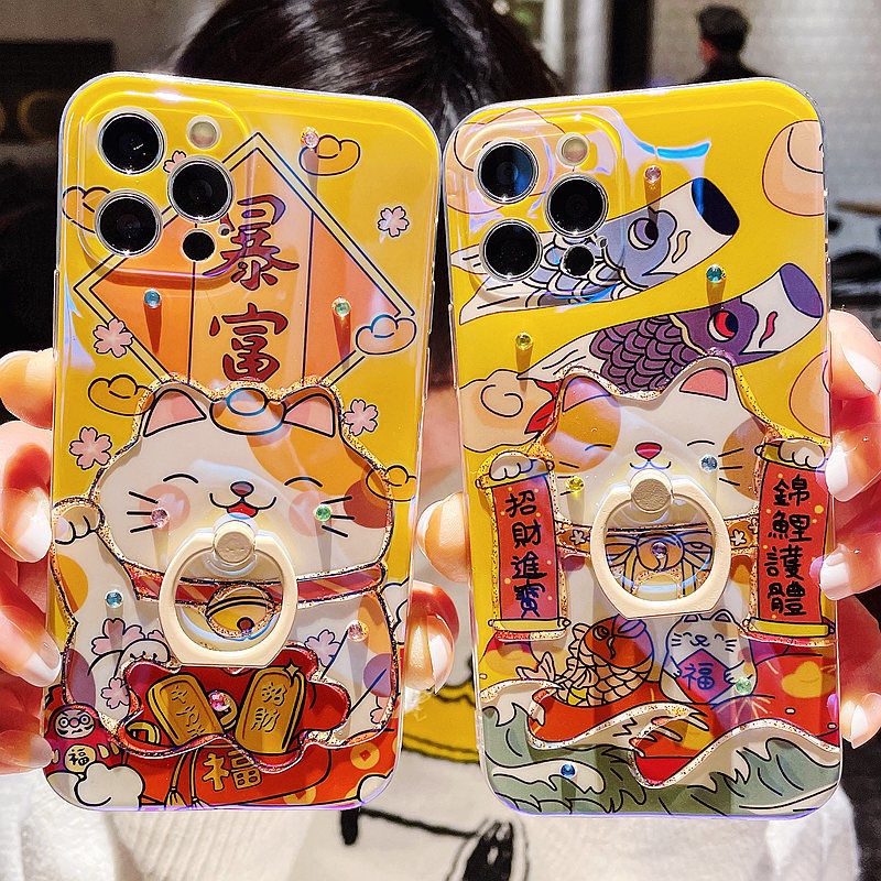 IPHONE Dapatkan Rich Jelly Glitters Lucky Cat Dengan Ring Holder Desain Phone Case Kompatibel Dengan Iphone12 13 14 11 Pro Max X Xs Max Xr Ffdsx