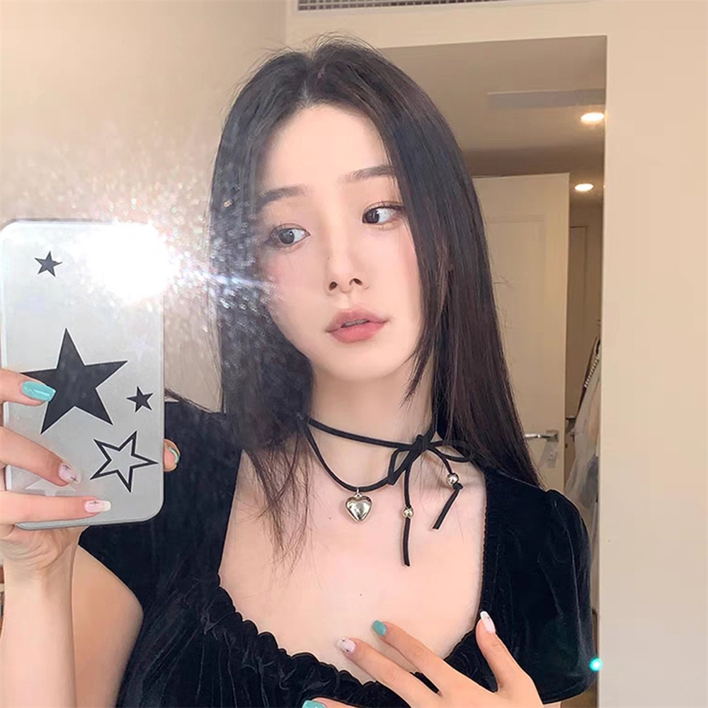 Korea INS Fever Heart Pendant Kulit Panjang Bowtie Chocker Kalung Untuk Wanita Gadis Aksesori