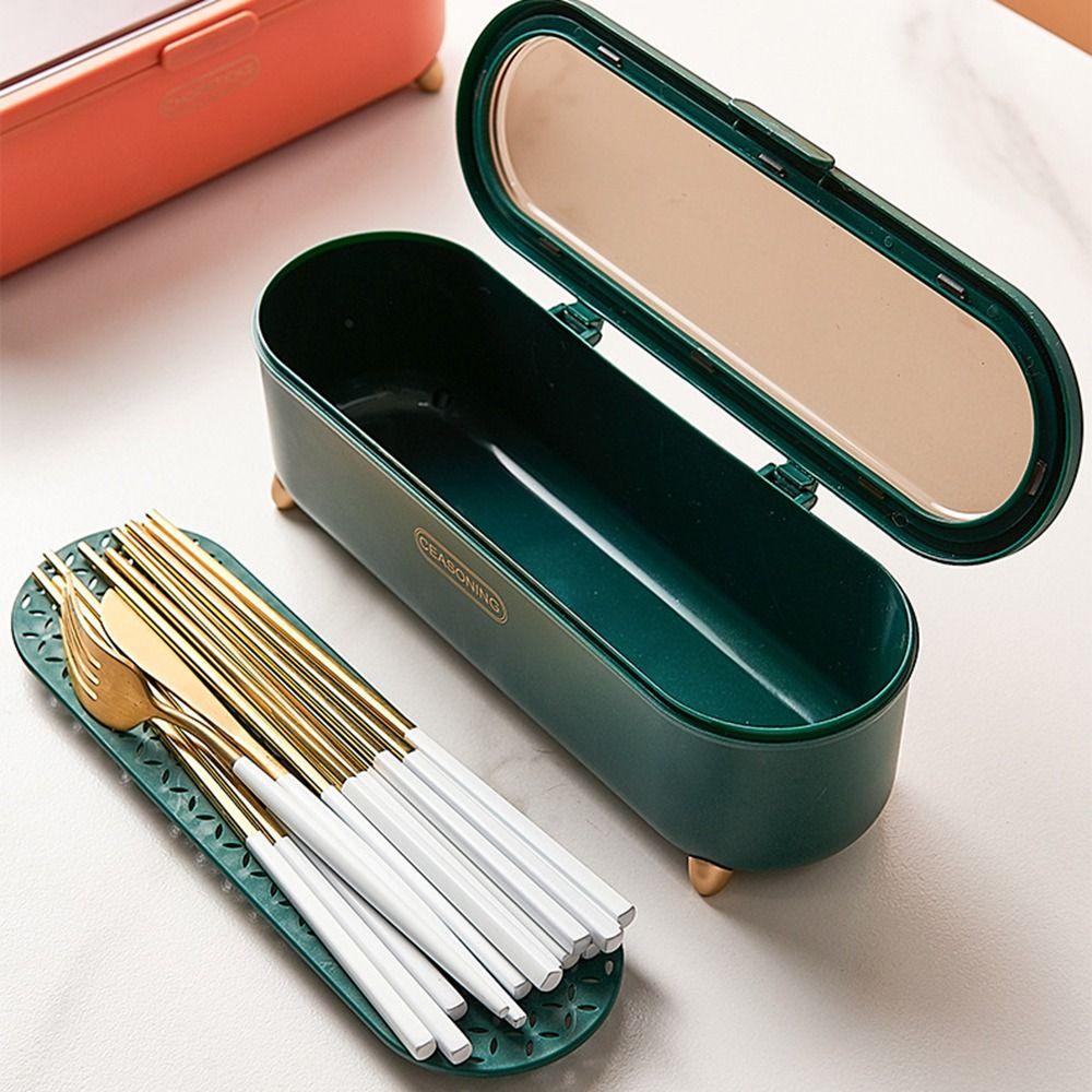 [Elegan] Kotak Penyimpanan Sendok Garpu Tahan Debu Rumah Portable Transparan Dengan Tutup Dan Drainer Tidy Tableware Organizer