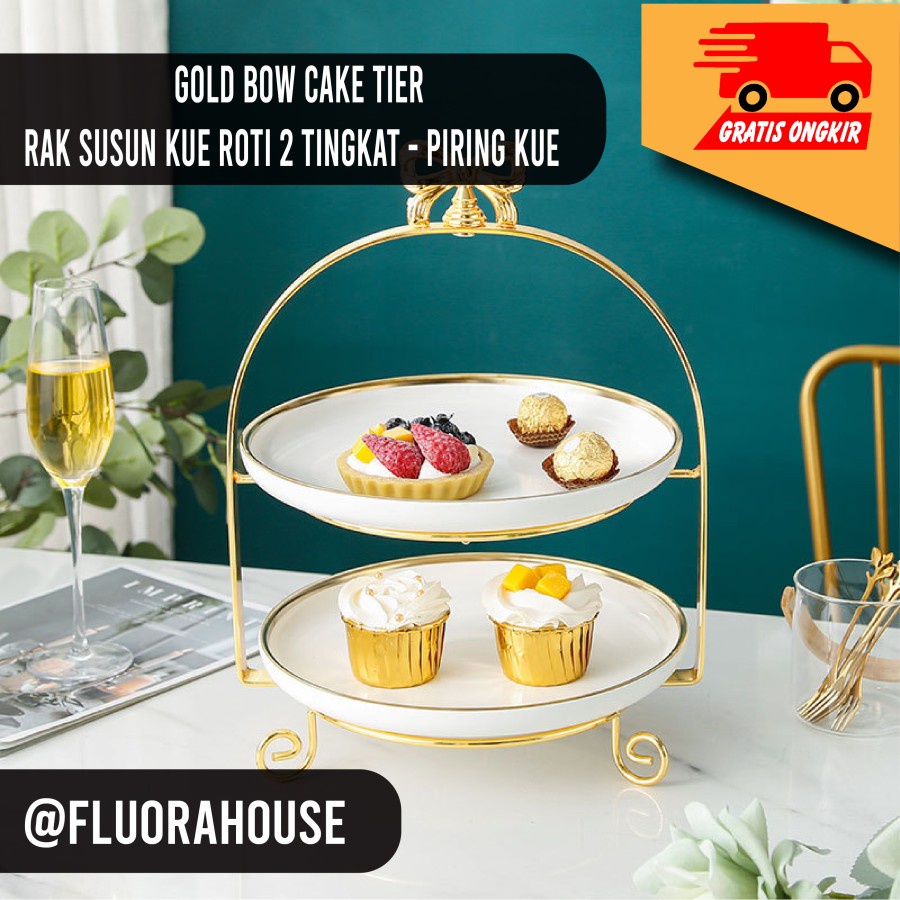 Gold Bow Cake Tier / Rak Susun Kue Roti 2 Tingkat / Piring Kue - Putih